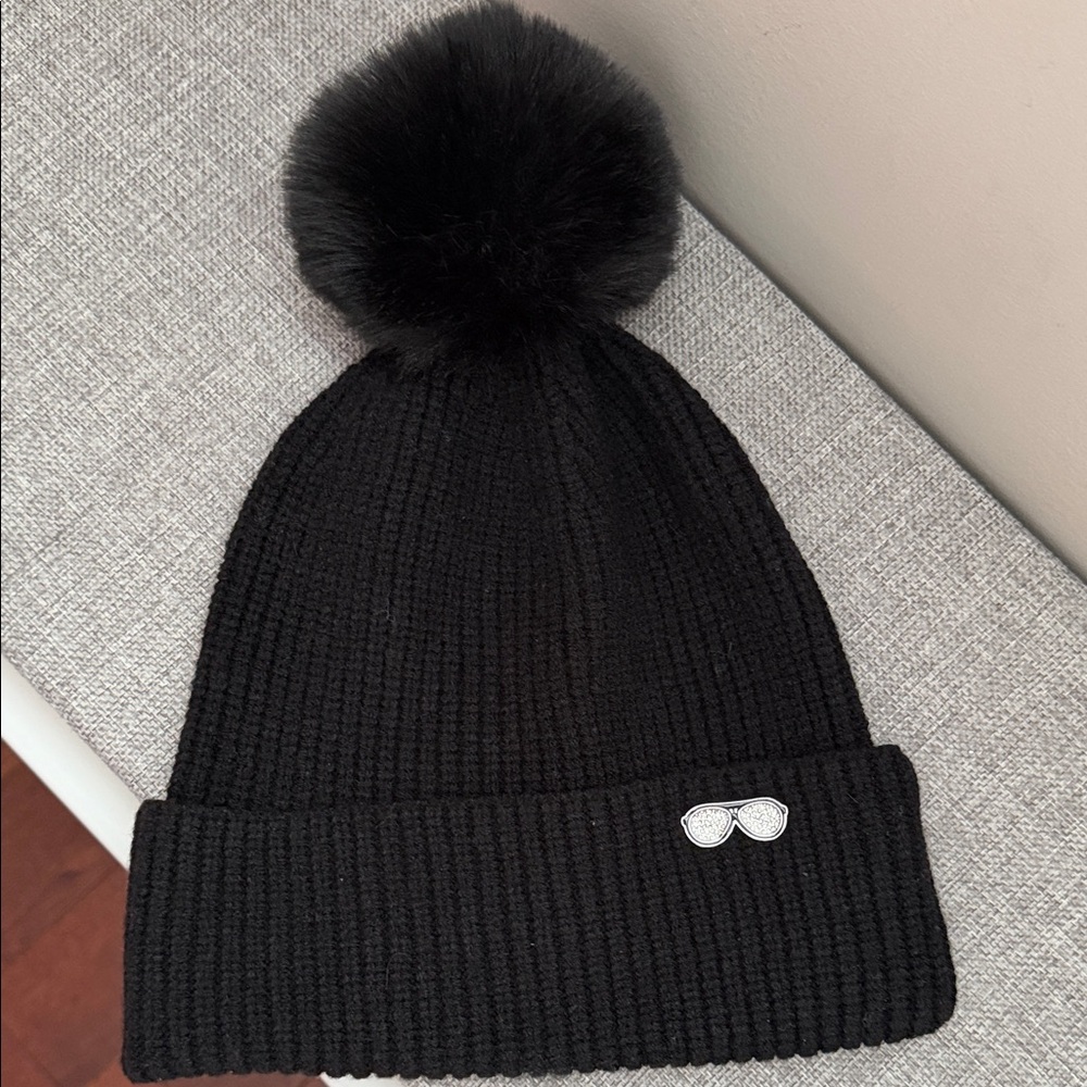 Lagerfeld Black Beanie with Pom-Pom
